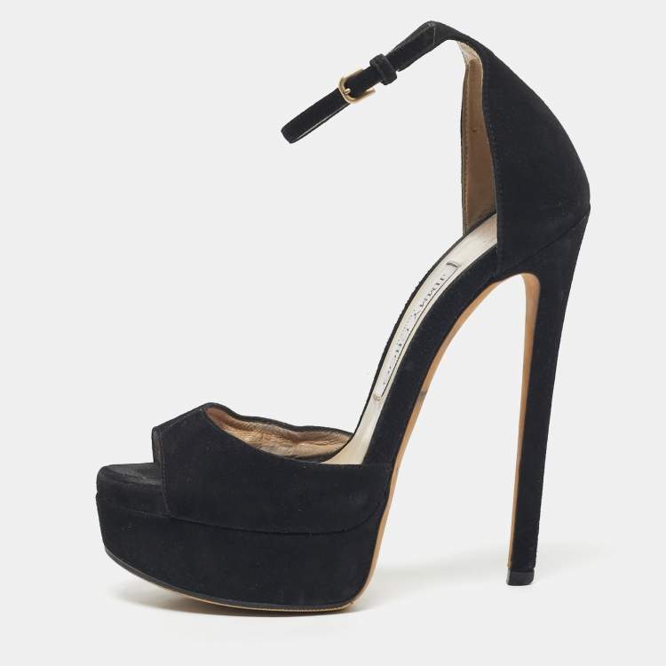 Pre Owned Jimmy Choo Black Suede Platform Ankle Strap Sandals Size 35