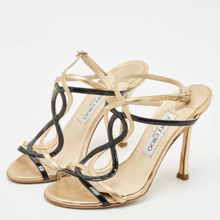 Pre Owned Jimmy Choo Black/Gold Patent and Leather Ankle Strap Sandals Size 37