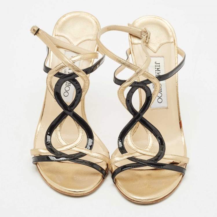 Pre Owned Jimmy Choo Black/Gold Patent and Leather Ankle Strap Sandals Size 37
