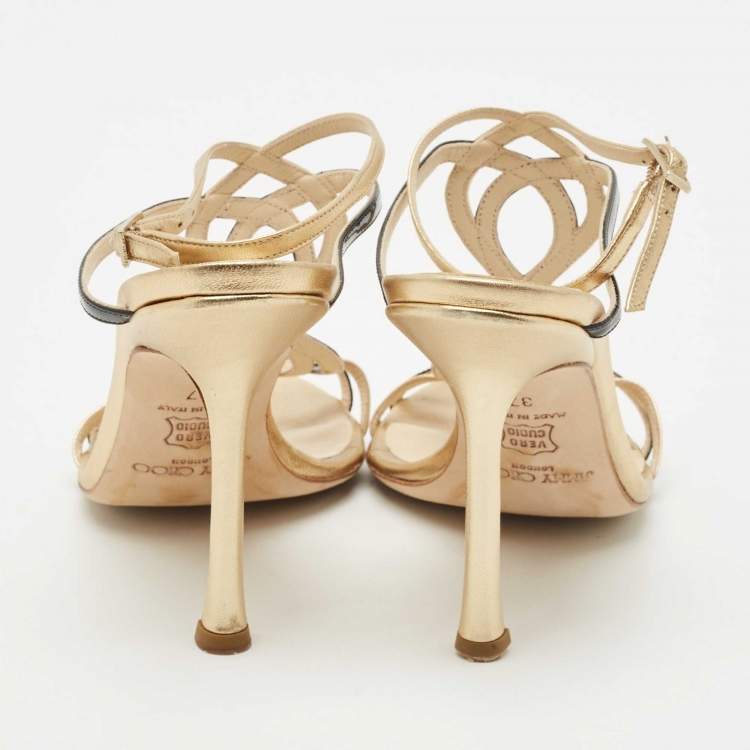 Pre Owned Jimmy Choo Black/Gold Patent and Leather Ankle Strap Sandals Size 37