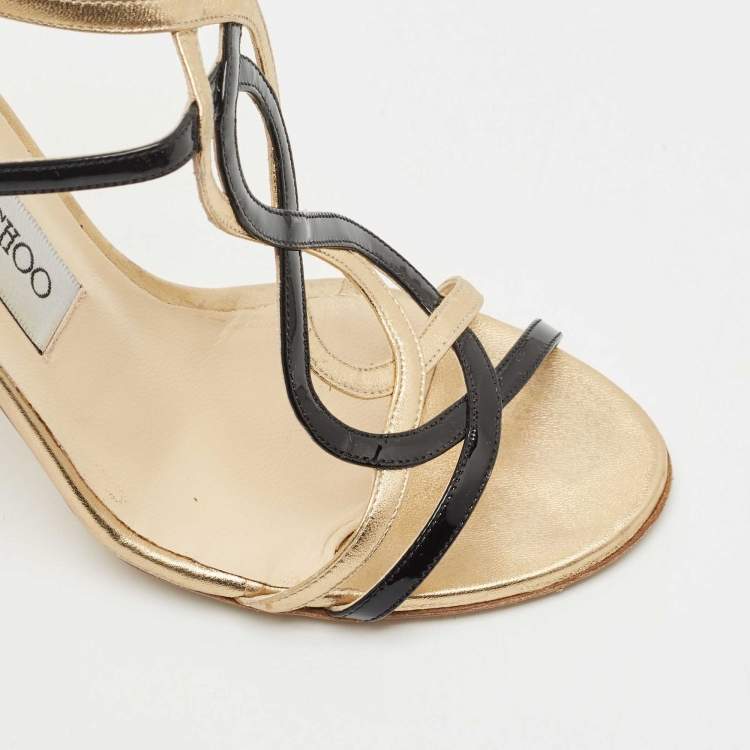 Pre Owned Jimmy Choo Black/Gold Patent and Leather Ankle Strap Sandals Size 37