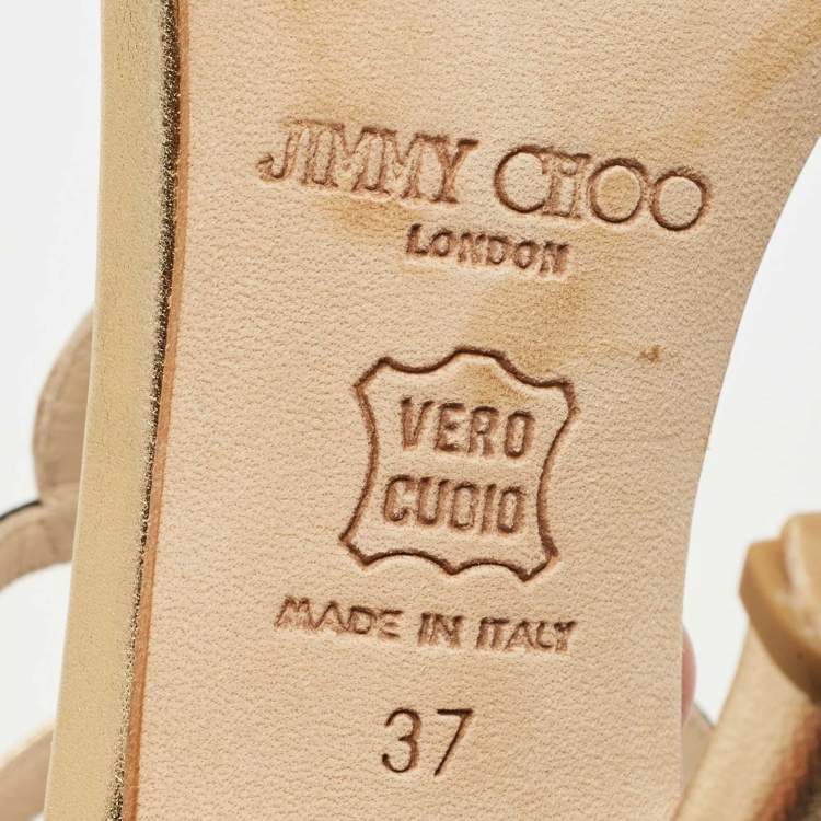 Pre Owned Jimmy Choo Black/Gold Patent and Leather Ankle Strap Sandals Size 37