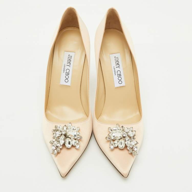 Pre Owned Jimmy Choo Beige Satin Crystal Embellished Manda Pumps Size 38.5