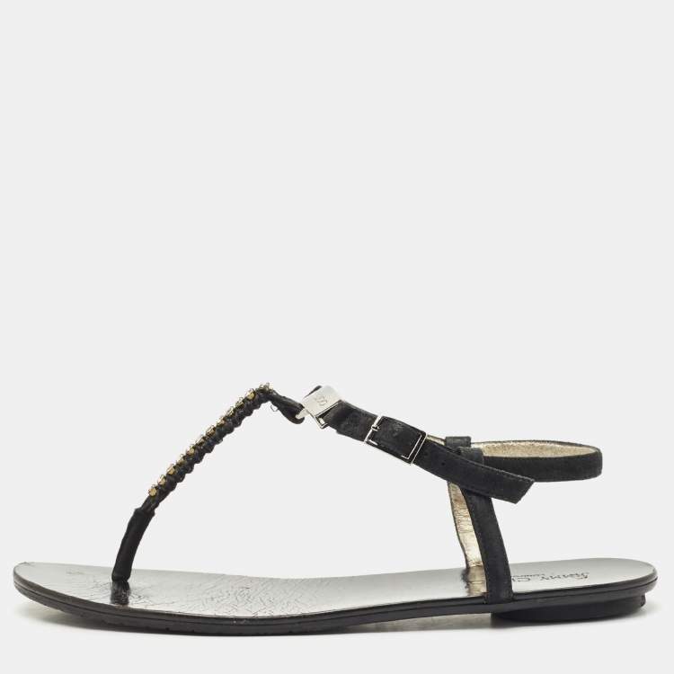 Pre Owned Jimmy Choo Black Shimmer Suede Wander Crystals T-Strap Sandals Size 37