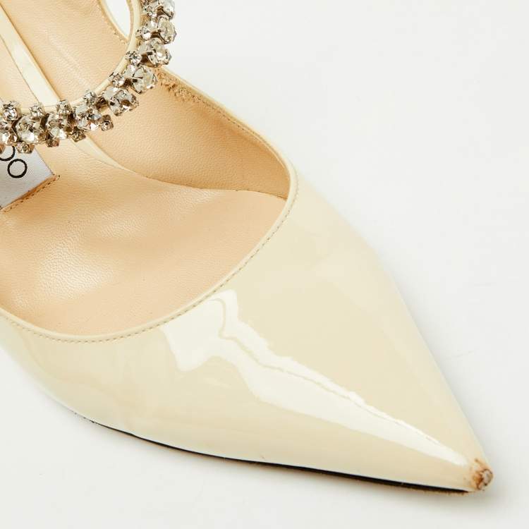 Pre Owned Jimmy Choo Beige Patent Leather Bing Crystal Embellished Pointed Toe Mules Size 38