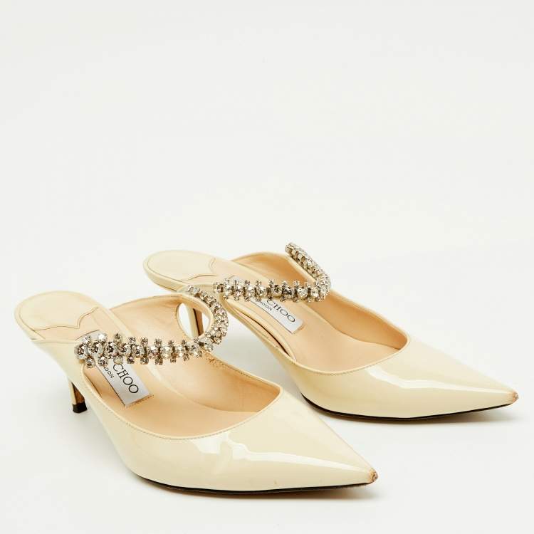 Pre Owned Jimmy Choo Beige Patent Leather Bing Crystal Embellished Pointed Toe Mules Size 38