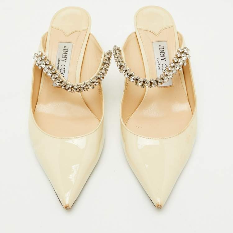 Pre Owned Jimmy Choo Beige Patent Leather Bing Crystal Embellished Pointed Toe Mules Size 38