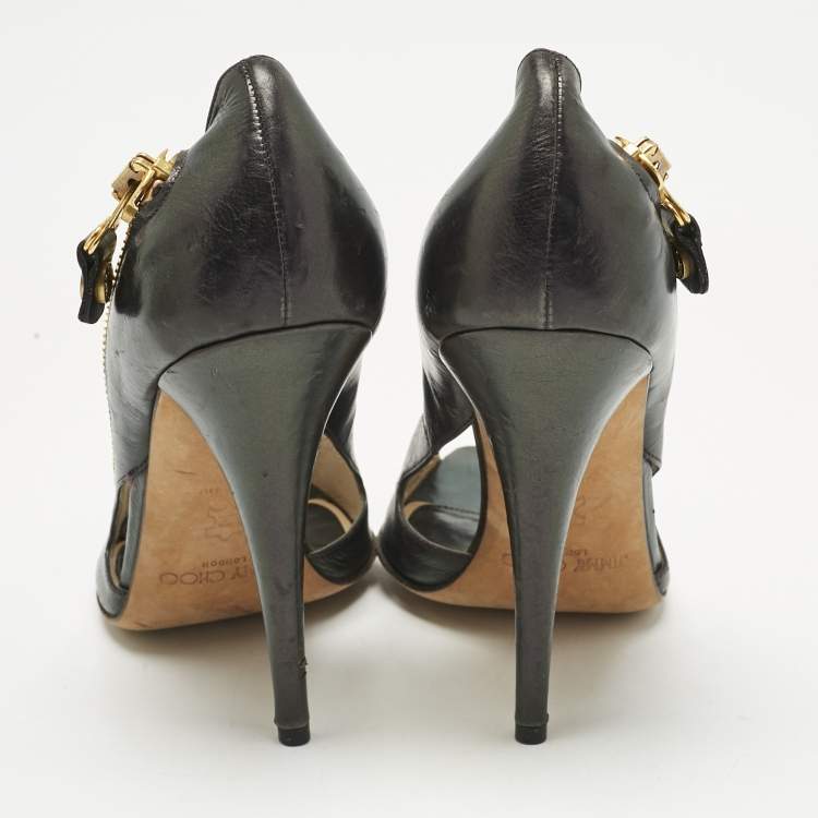 Pre Owned Jimmy Choo Vintage Purple Leather Zip Detail Open Toe Pumps Size 39