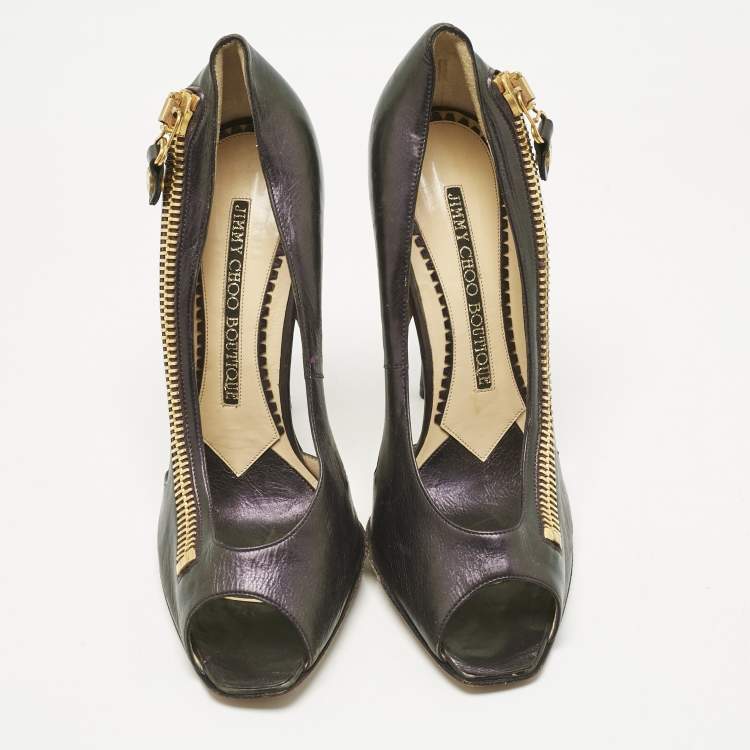 Pre Owned Jimmy Choo Vintage Purple Leather Zip Detail Open Toe Pumps Size 39