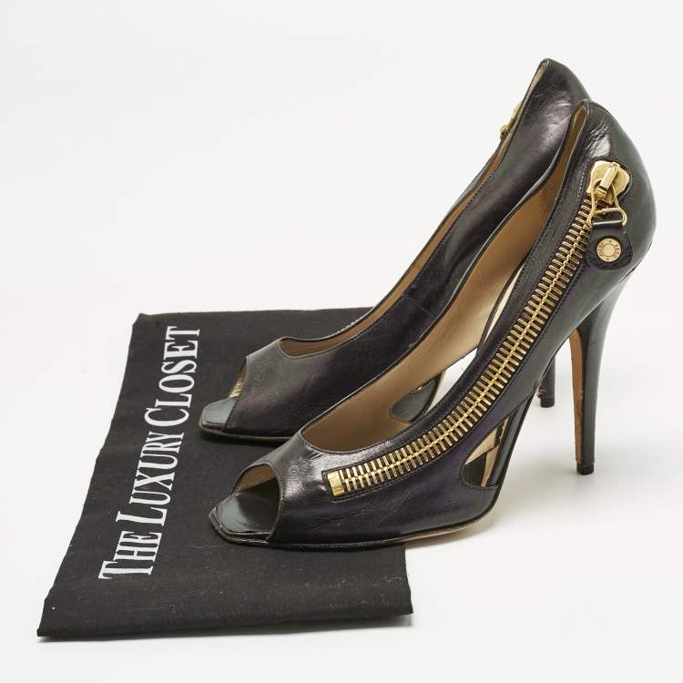 Pre Owned Jimmy Choo Vintage Purple Leather Zip Detail Open Toe Pumps Size 39