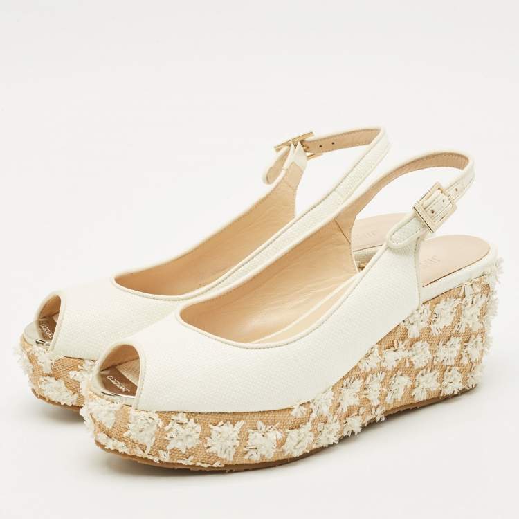 Pre Owned Jimmy Choo Off White Leather and Raffia Dakota Wedge Sandals Size 39
