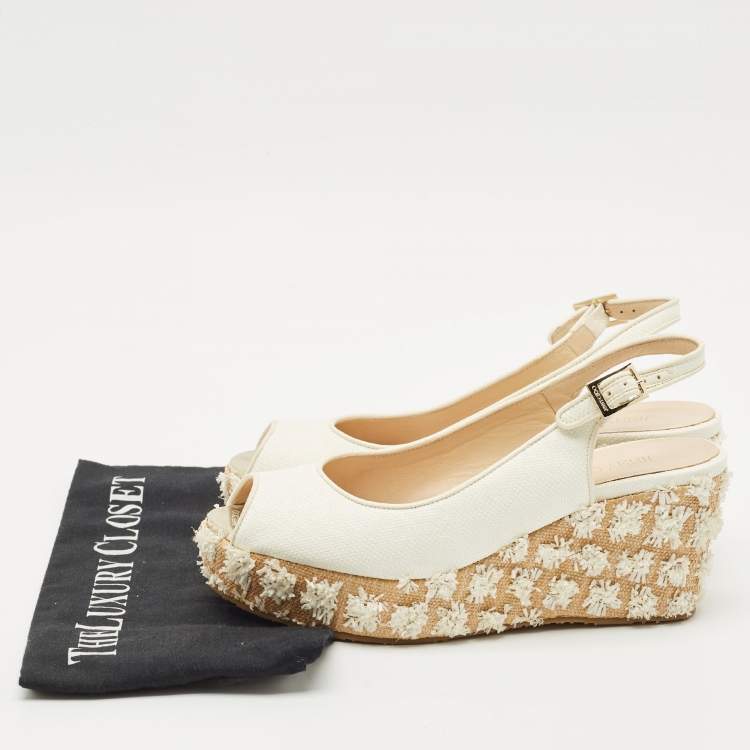 Pre Owned Jimmy Choo Off White Leather and Raffia Dakota Wedge Sandals Size 39