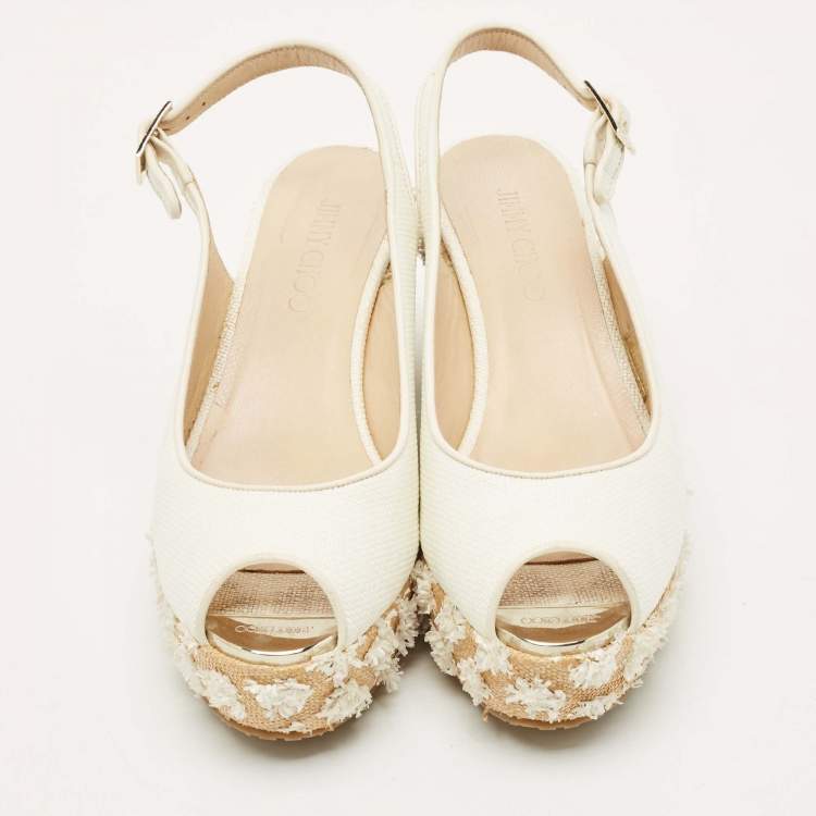 Pre Owned Jimmy Choo Off White Leather and Raffia Dakota Wedge Sandals Size 39