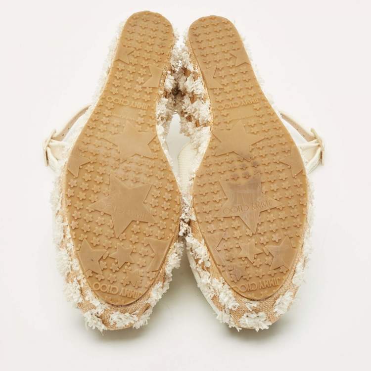 Pre Owned Jimmy Choo Off White Leather and Raffia Dakota Wedge Sandals Size 39