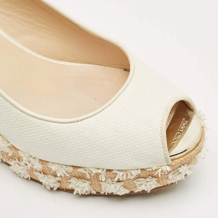 Pre Owned Jimmy Choo Off White Leather and Raffia Dakota Wedge Sandals Size 39
