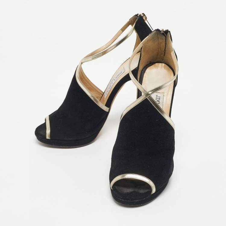 Pre Owned Jimmy Choo Black Suede and Leather Fey  Ankle Strap Sandals Size 36.5