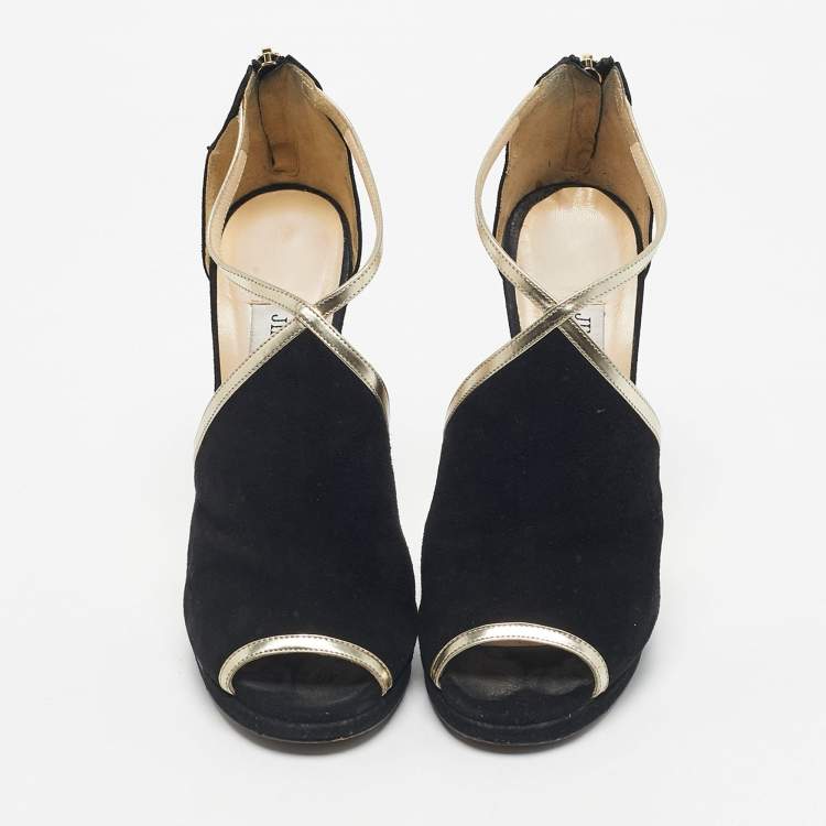 Pre Owned Jimmy Choo Black Suede and Leather Fey  Ankle Strap Sandals Size 36.5