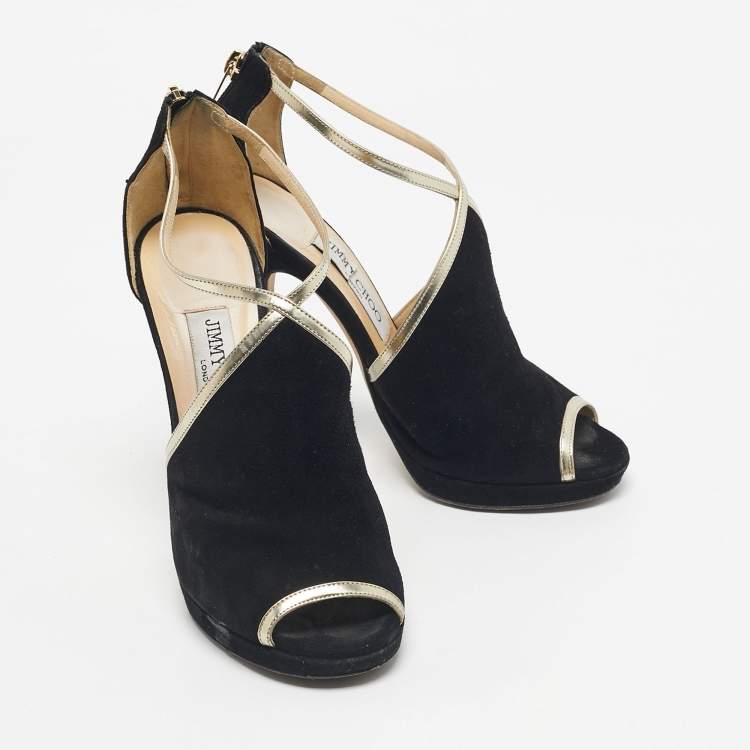 Pre Owned Jimmy Choo Black Suede and Leather Fey  Ankle Strap Sandals Size 36.5