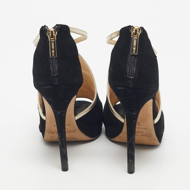 Pre Owned Jimmy Choo Black Suede and Leather Fey  Ankle Strap Sandals Size 36.5