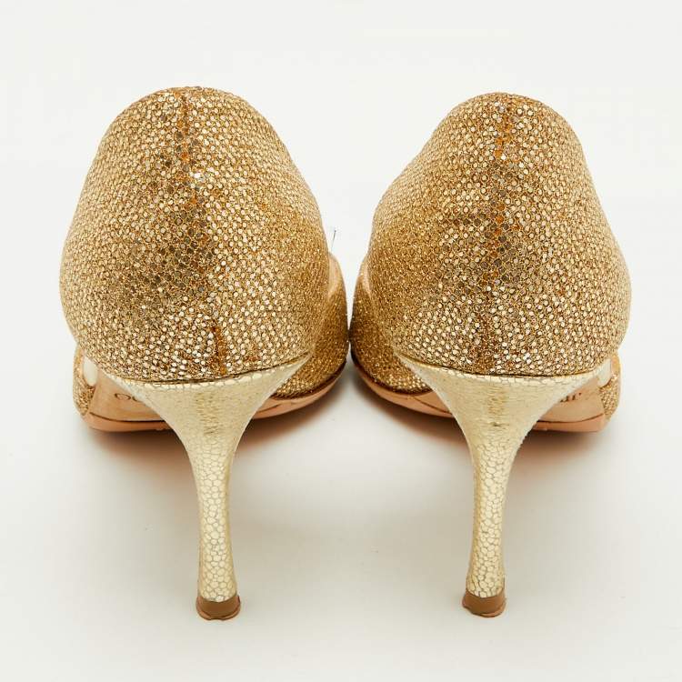 Pre Owned Jimmy Choo Glitter Champagne D'orsay Peep Toe Pumps Size 38.5