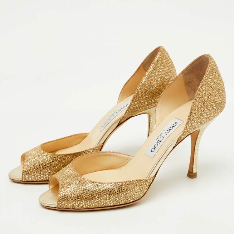 Pre Owned Jimmy Choo Glitter Champagne D'orsay Peep Toe Pumps Size 38.5