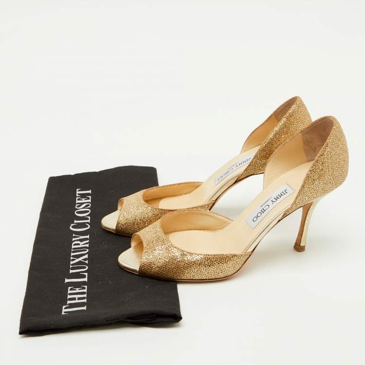 Pre Owned Jimmy Choo Glitter Champagne D'orsay Peep Toe Pumps Size 38.5