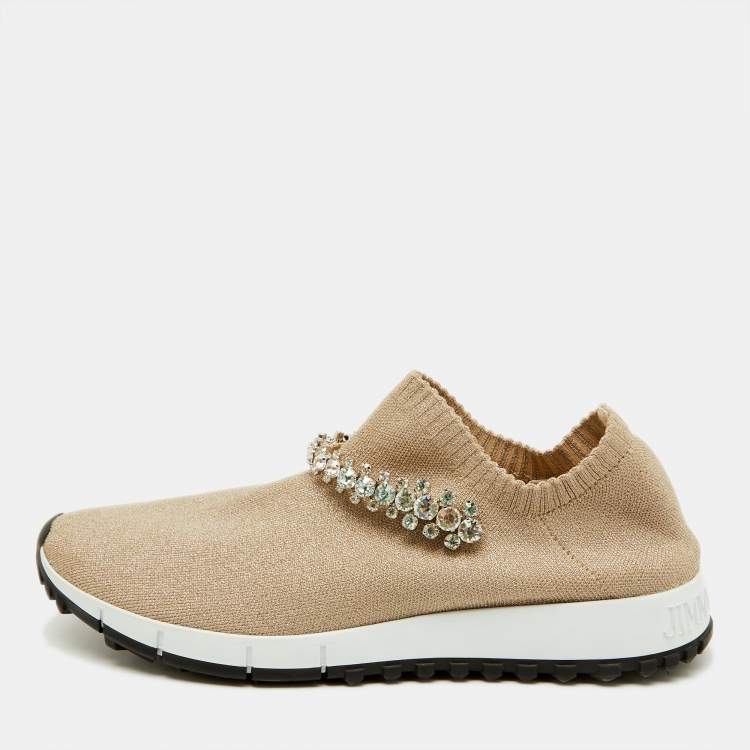 Pre Owned Jimmy Choo Beige Knit Fabric Crystal Embellished Verona Sneakers Size 37