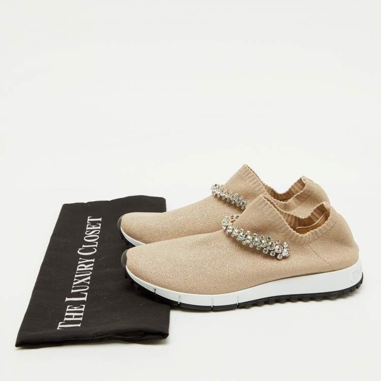 Pre Owned Jimmy Choo Beige Knit Fabric Crystal Embellished Verona Sneakers Size 37