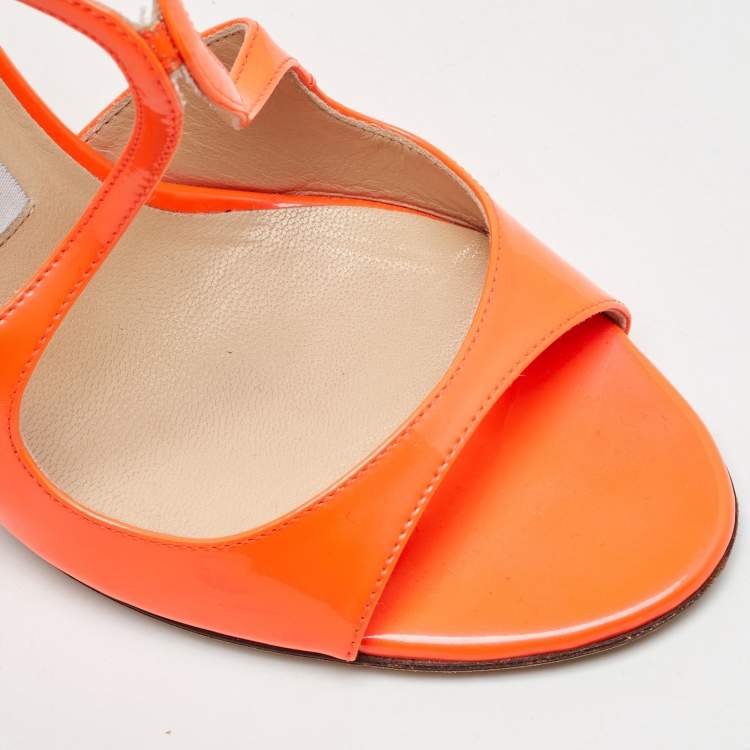 Pre Owned Jimmy Choo Neon Orange Patent Leather Lance Ankle Sandals Size 37.5
