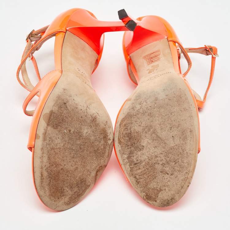 Pre Owned Jimmy Choo Neon Orange Patent Leather Lance Ankle Sandals Size 37.5