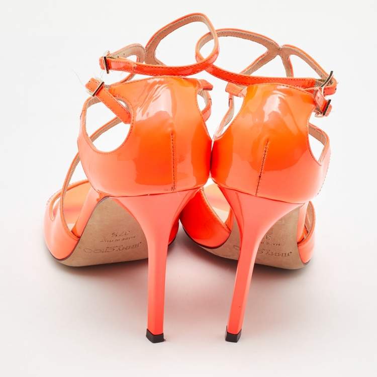 Pre Owned Jimmy Choo Neon Orange Patent Leather Lance Ankle Sandals Size 37.5