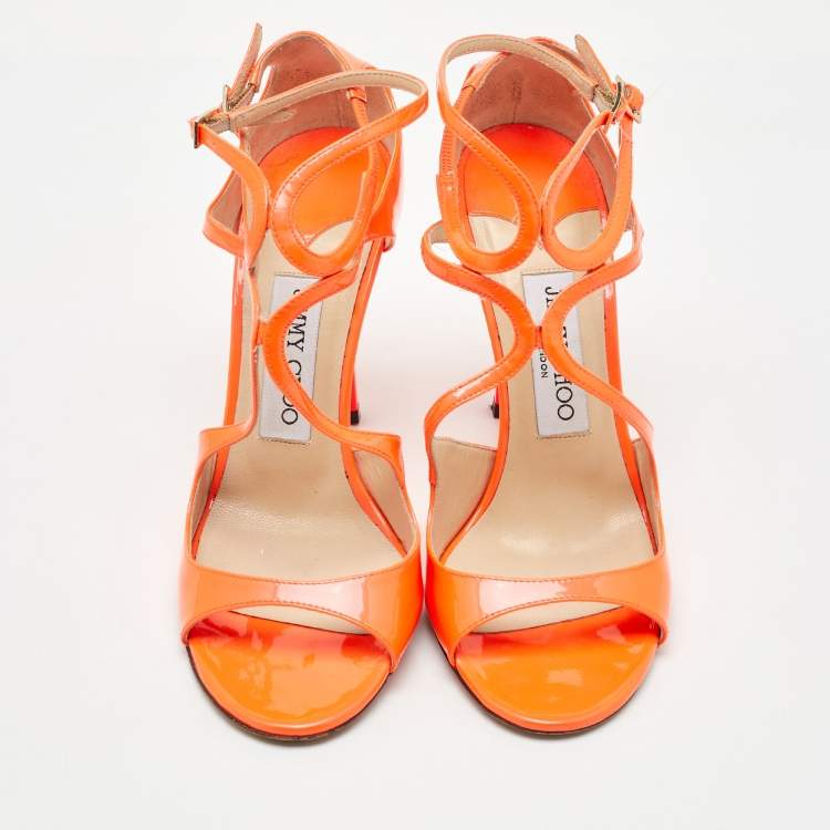 Pre Owned Jimmy Choo Neon Orange Patent Leather Lance Ankle Sandals Size 37.5