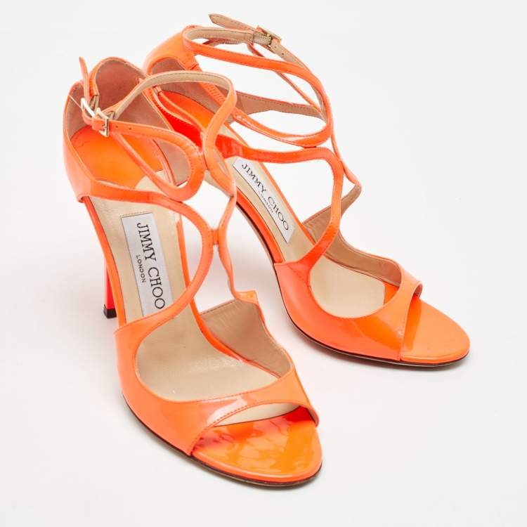 Pre Owned Jimmy Choo Neon Orange Patent Leather Lance Ankle Sandals Size 37.5