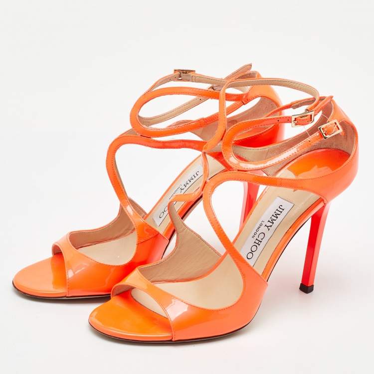 Pre Owned Jimmy Choo Neon Orange Patent Leather Lance Ankle Sandals Size 37.5