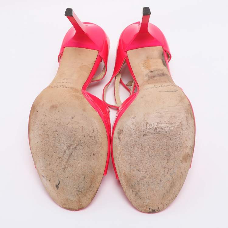 Pre Owned Jimmy Choo Neon Pink Patent Leather Lance Ankle Strap Sandals Size 42