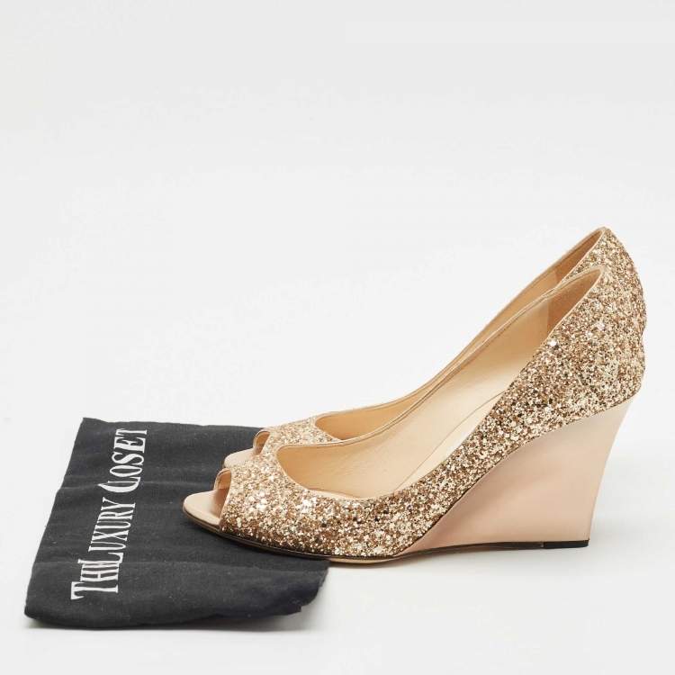 Pre Owned Jimmy Choo Gold Glitter Baxen Wedge Pumps Size 39.5