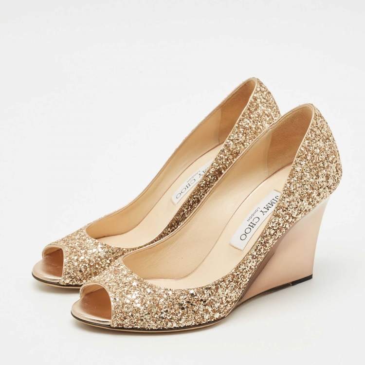 Pre Owned Jimmy Choo Gold Glitter Baxen Wedge Pumps Size 39.5