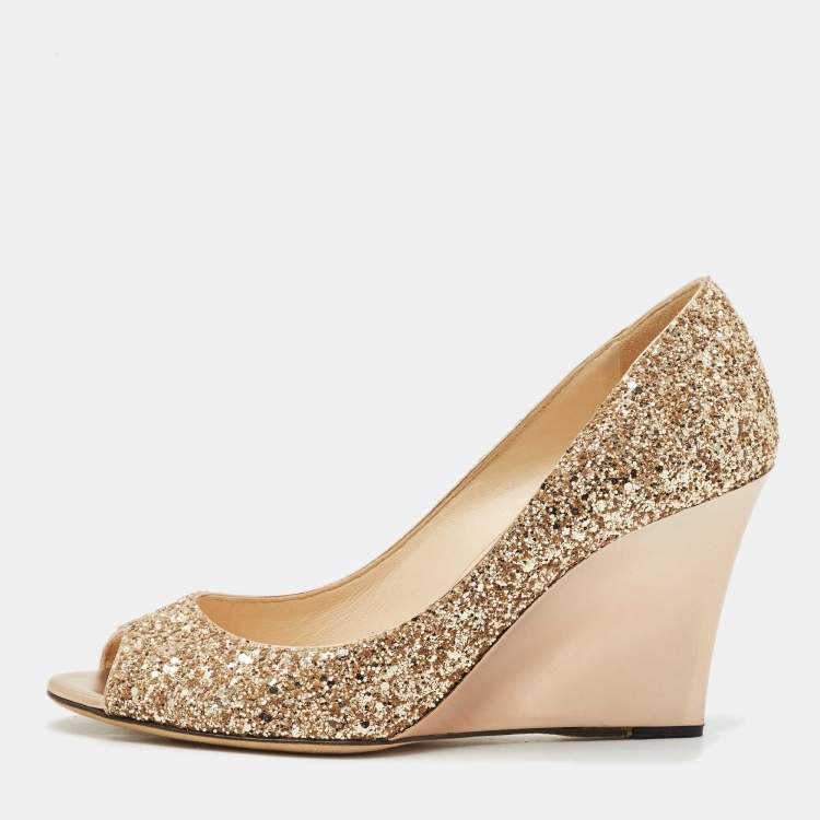 Pre Owned Jimmy Choo Gold Glitter Baxen Wedge Pumps Size 39.5
