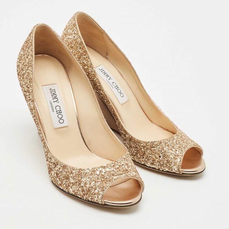 Pre Owned Jimmy Choo Gold Glitter Baxen Wedge Pumps Size 39.5