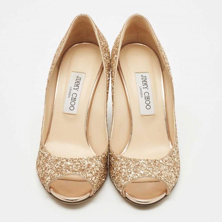 Pre Owned Jimmy Choo Gold Glitter Baxen Wedge Pumps Size 39.5