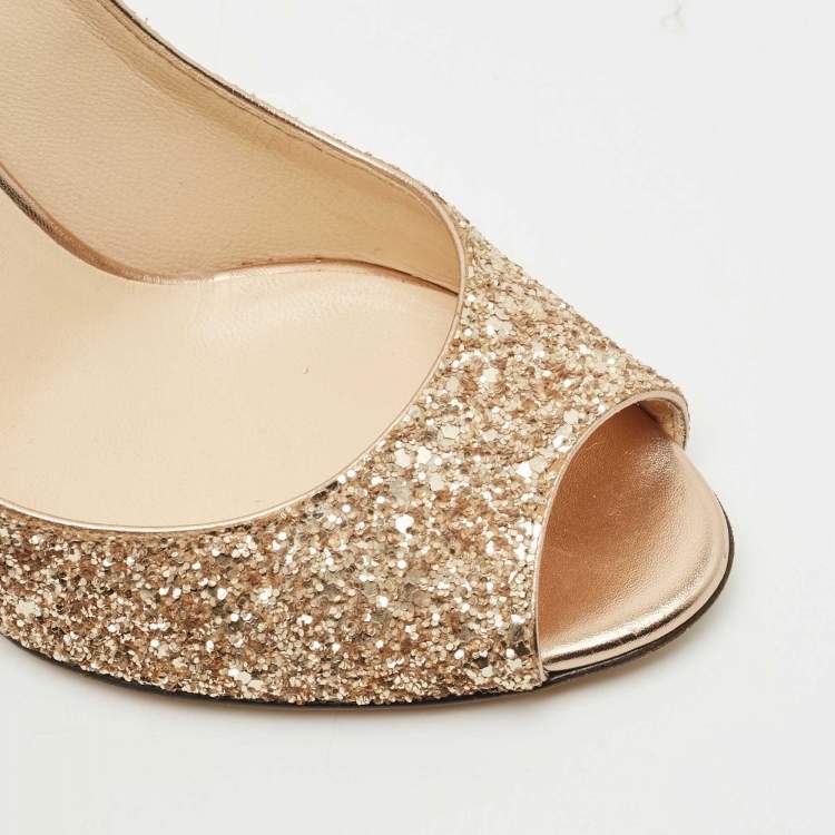 Pre Owned Jimmy Choo Gold Glitter Baxen Wedge Pumps Size 39.5