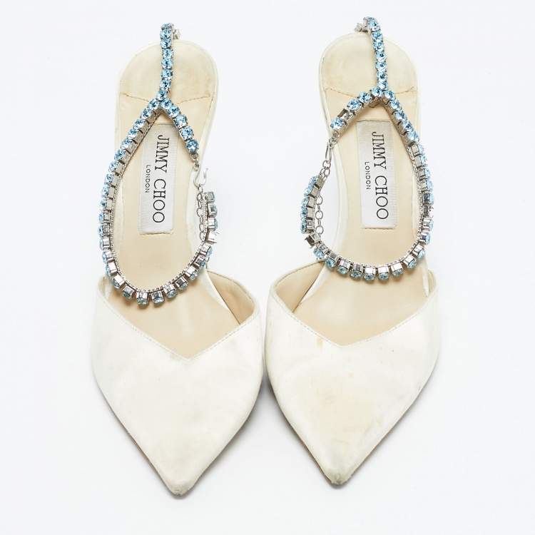 Pre Owned Jimmy Choo Off White Satin Saeda Crystals Ankle Strap Pumps Size 40