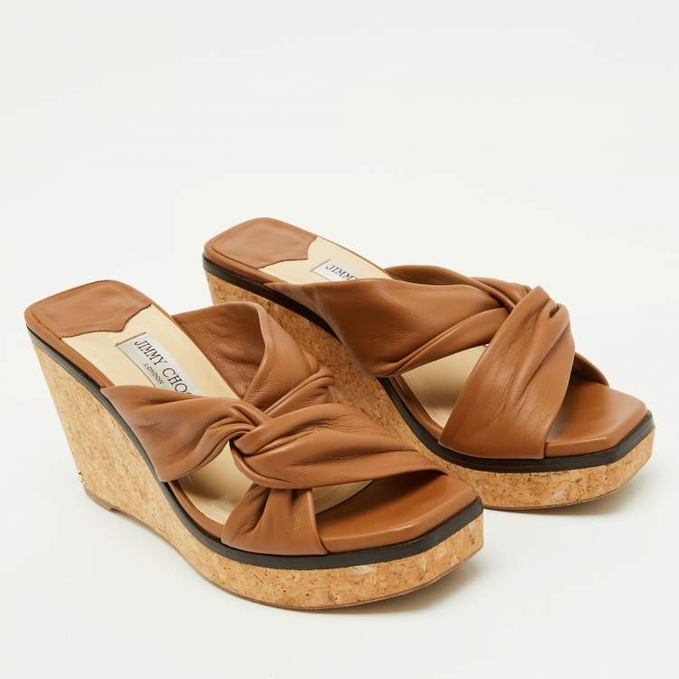 Pre Owned Jimmy Choo Brown Leather Narisa Cork Platform Wedge Sandals Size 41