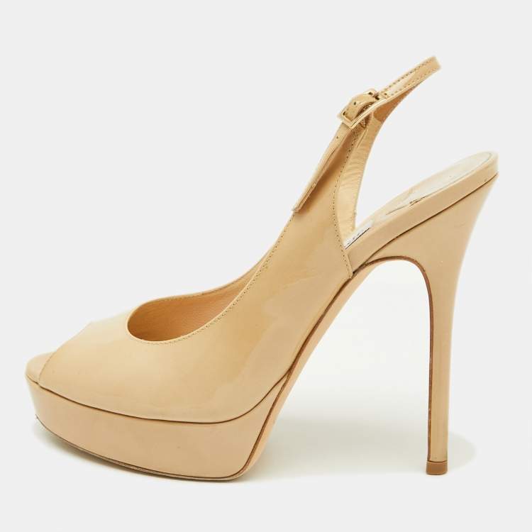 Pre Owned Jimmy Choo Beige Patent Leather Nova Peep Toe Platform Slingback Pumps Size 36