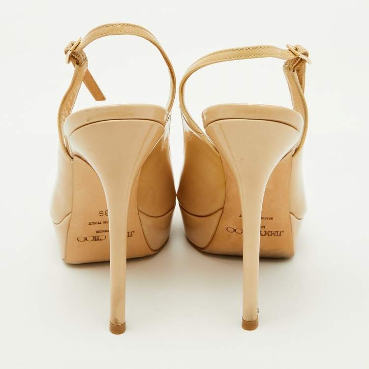 Pre Owned Jimmy Choo Beige Patent Leather Nova Peep Toe Platform Slingback Pumps Size 36