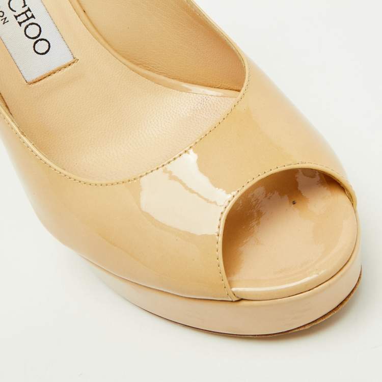 Pre Owned Jimmy Choo Beige Patent Leather Nova Peep Toe Platform Slingback Pumps Size 36