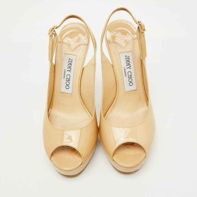 Pre Owned Jimmy Choo Beige Patent Leather Nova Peep Toe Platform Slingback Pumps Size 36