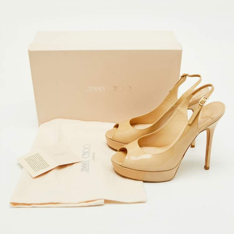 Pre Owned Jimmy Choo Beige Patent Leather Nova Peep Toe Platform Slingback Pumps Size 36