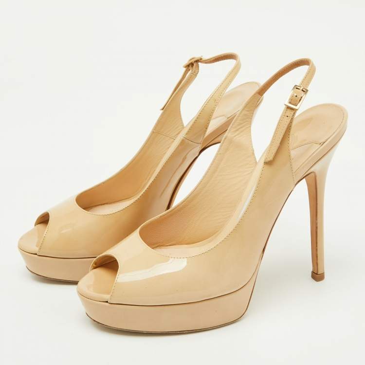 Pre Owned Jimmy Choo Beige Patent Leather Nova Peep Toe Platform Slingback Pumps Size 36