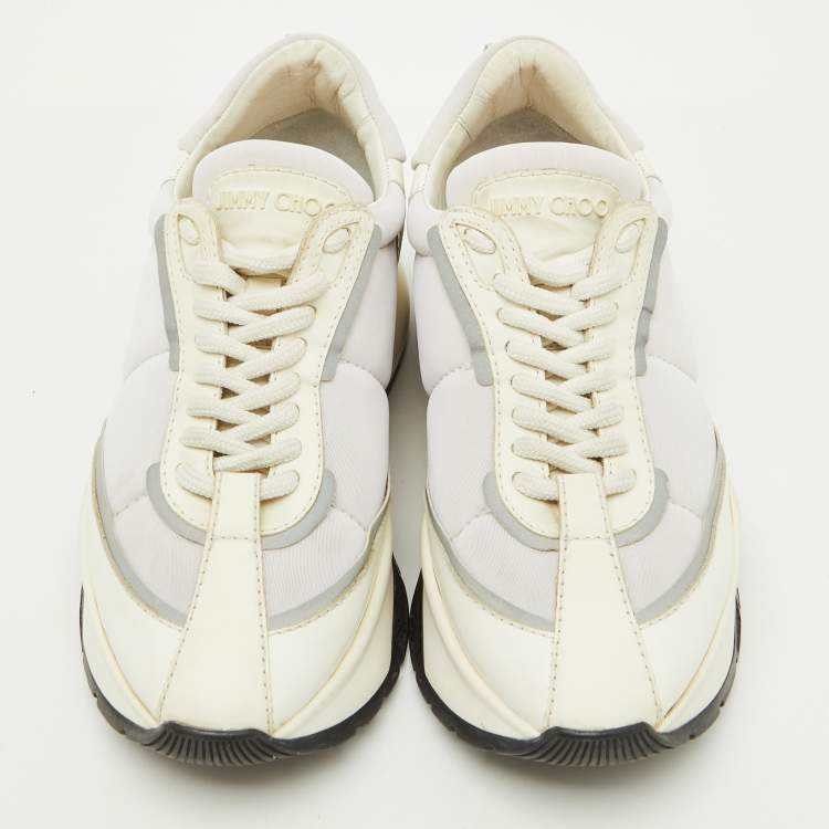 Pre Owned Jimmy Choo White Neoprene and Leather Raine Lace Up Sneakers Size 35.5